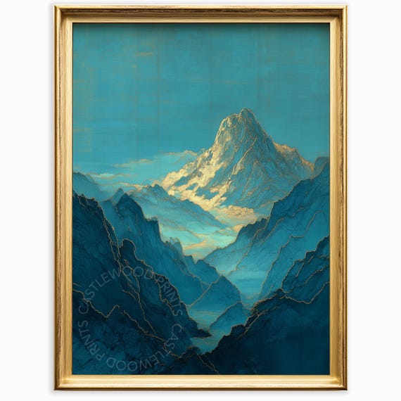 Majestic Mountain Landscape Ancient Inspired Wall Art Serene Range Decor Blue And Gold Scene Print 937