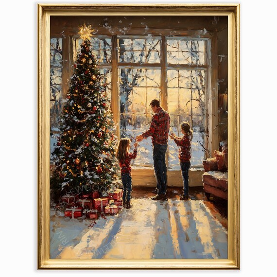 Family Decorating Christmas Tree in Golden Morning Light Vintage Painting Poster