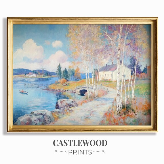 Lakeside Birch Path Cottage Poster Rowboat Bridge Autumn Countryside Scene