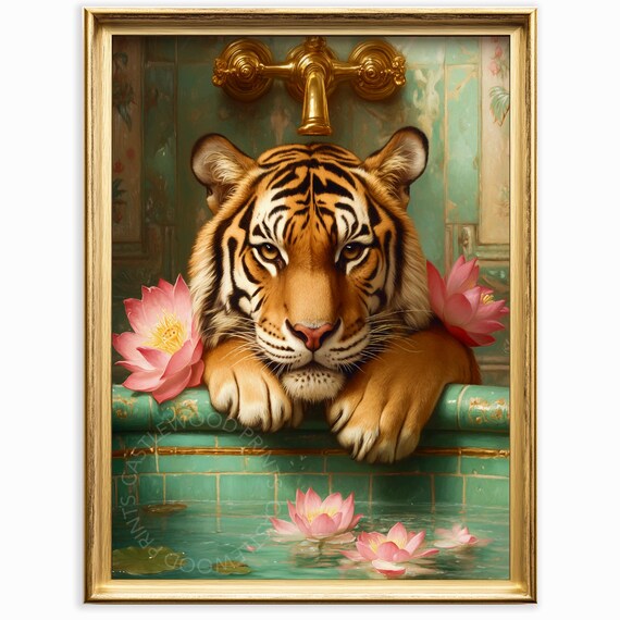 Majestic Tiger In Bathtub Art Exotic Animal Illustration Vintage Bathroom Decor Unique Wall Print 1002