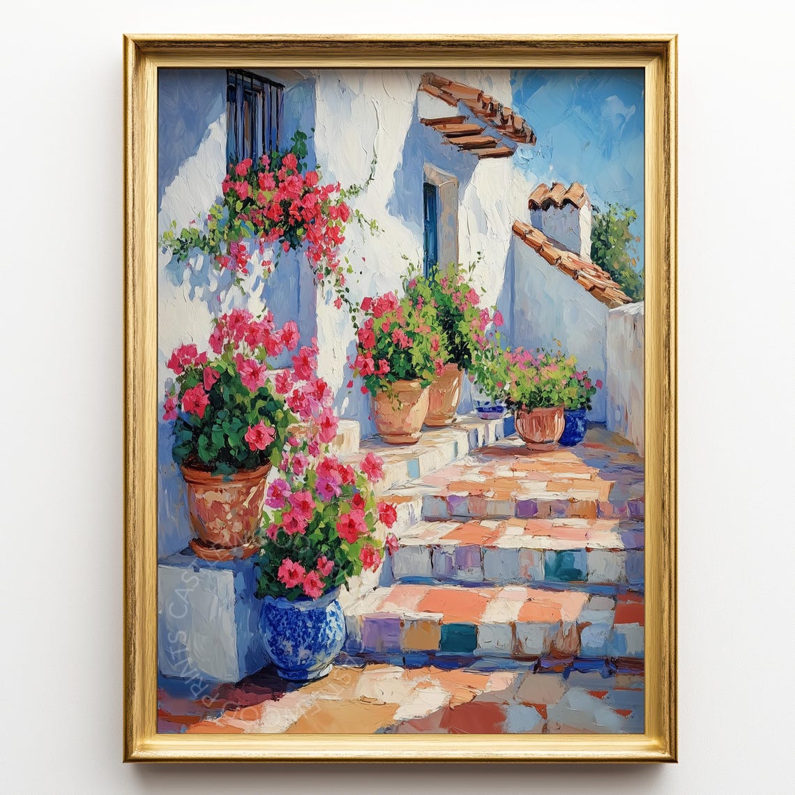 Spanish Village Steps Red Geraniums Terracotta Pots Sunlit Poster