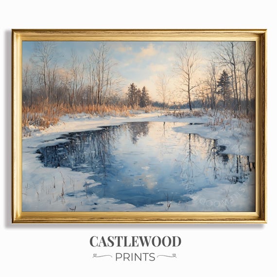 Winter Frozen Pond Scene Oil Painting Serene Snowy Landscape Bare Trees Rustic Wall Art Nature Print Decor 676