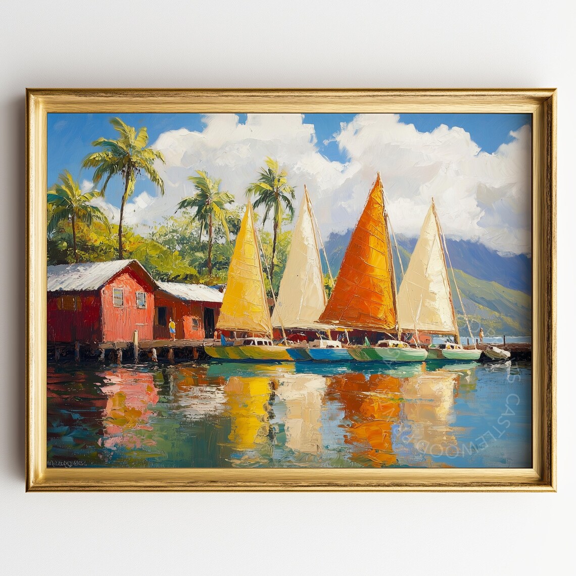 Four Sailboats At Tropical Dock With Red Boathouses Painting Poster