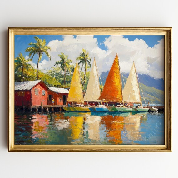 Four Sailboats At Tropical Dock With Red Boathouses Painting Poster