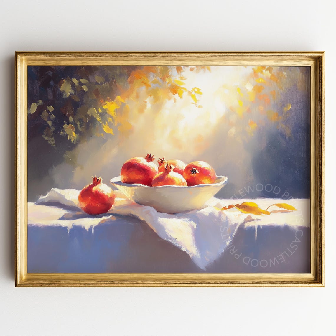 Sunlit Pomegranates in a White Bowl Radiant Oil Painting Poster