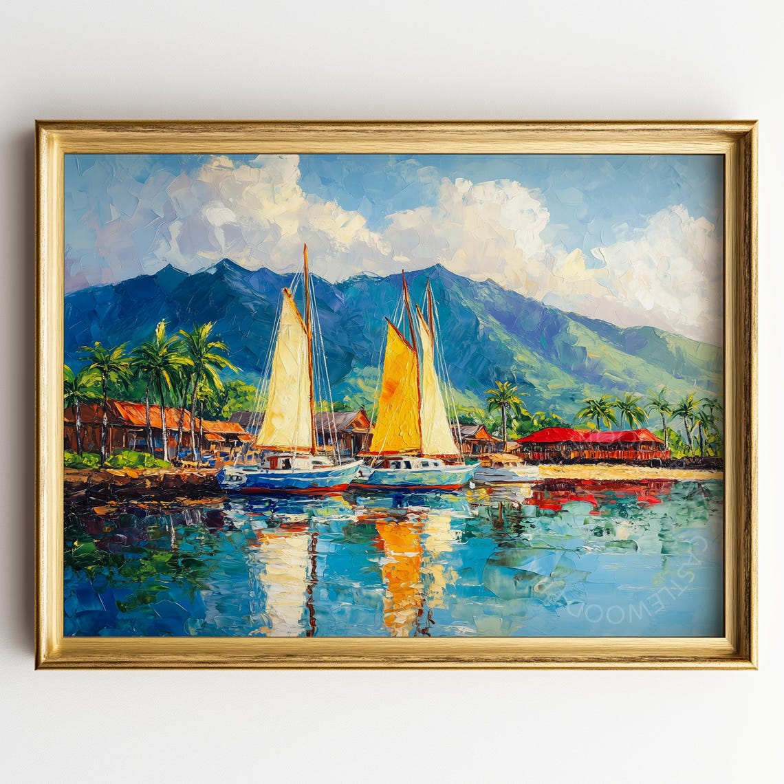 Two Sailboats With Yellow Sails At A Tropical Harbor Art Poster