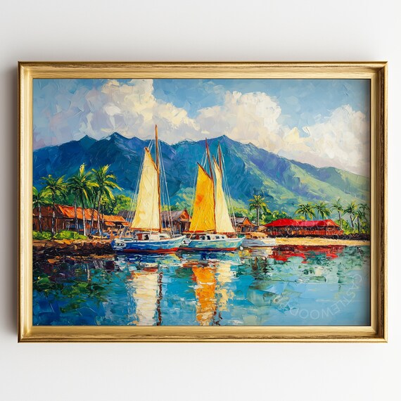 Two Sailboats With Yellow Sails At A Tropical Harbor Art Poster