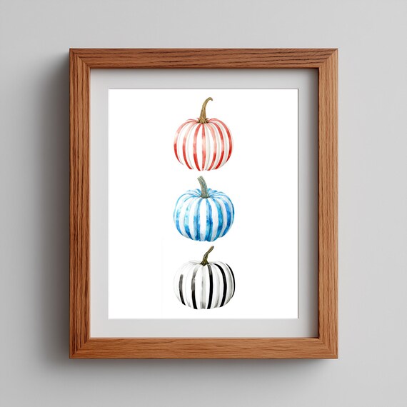 Stacked Pumpkin Wall Art Pink Blue White Painting Modern Fall Decor Cute Halloween Autumn Artwork 72