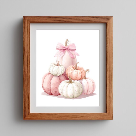 Pastel Pumpkin Watercolor Art Pink White Gourds Autumn Farmhouse Decor 21