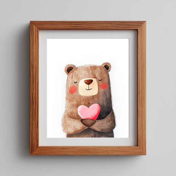 Valentine Bear Wall Art Cute Teddy Holding Heart Illustration Whimsical Nursery Decor Romantic Animal 237
