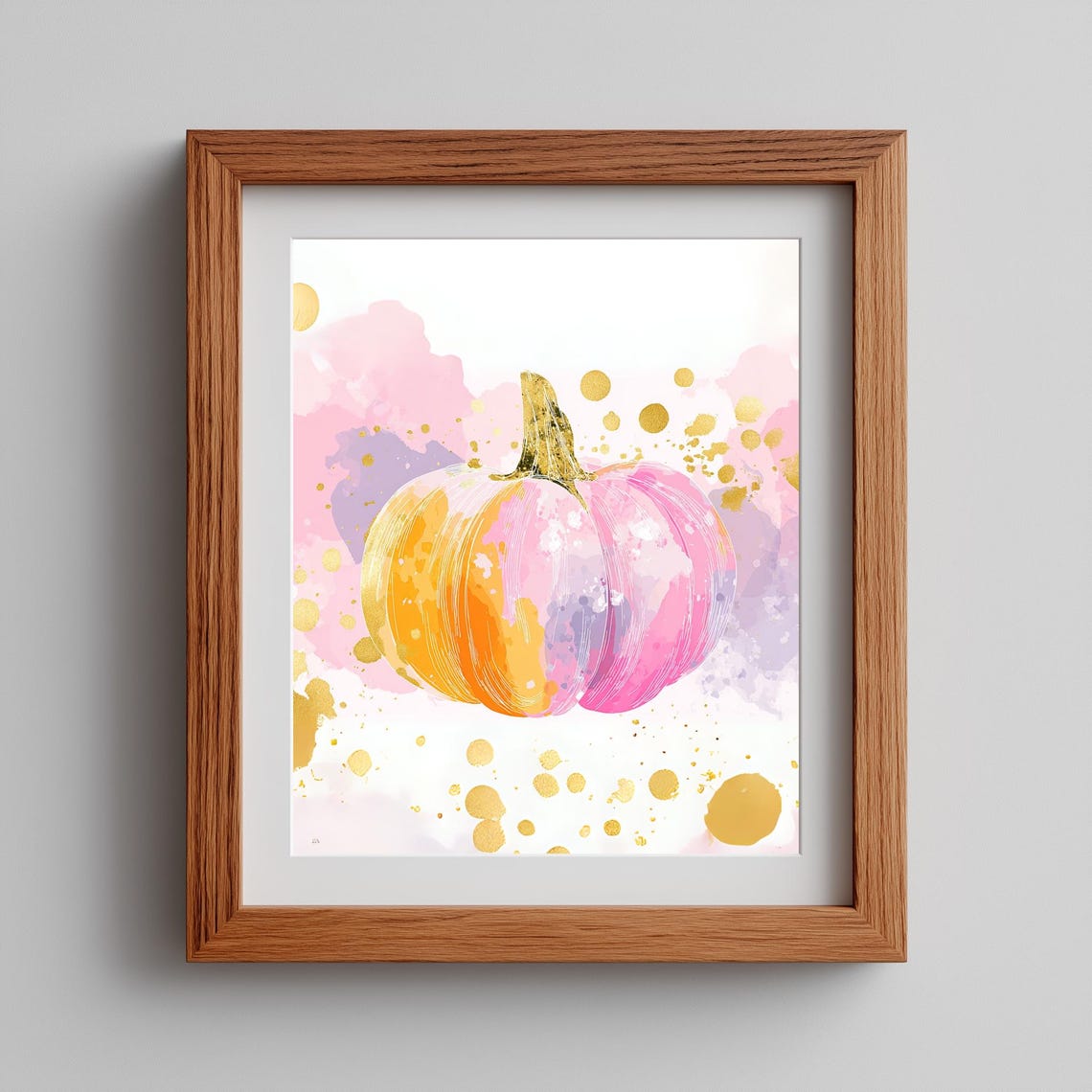Pink Pumpkin Watercolor Gold Fall Autumn Harvest Season Wall Art
