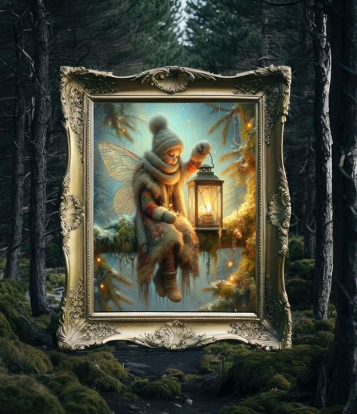 Winter Fairy Child With Lantern Sitting on Snowy Branch Fantasy Print