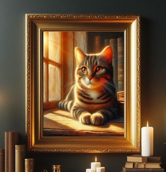 Tabby Cat by a Sunlit Library Window Oil Painting Pet Poster