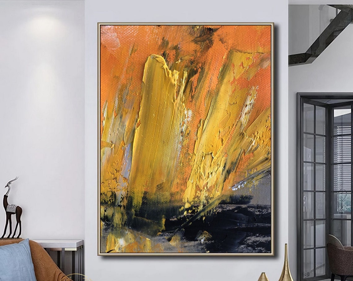 Fiery Orange Yellow Abstract with Black Impasto Textured Art Poster - Image 5