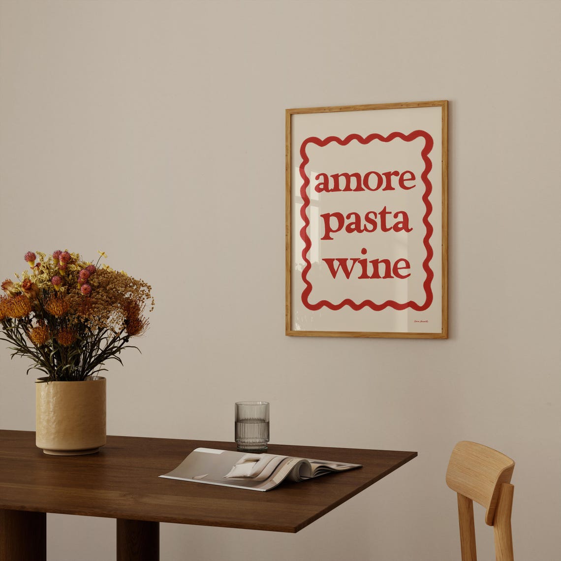 Amore Pasta Wine Retro Typography Red Scalloped Frame Kitchen Poster - Image 3