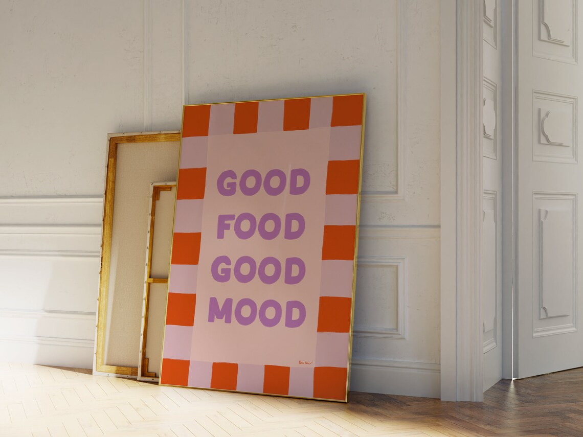 Good Food Good Mood Purple Orange Checkered Kitchen Quote Poster - Image 3