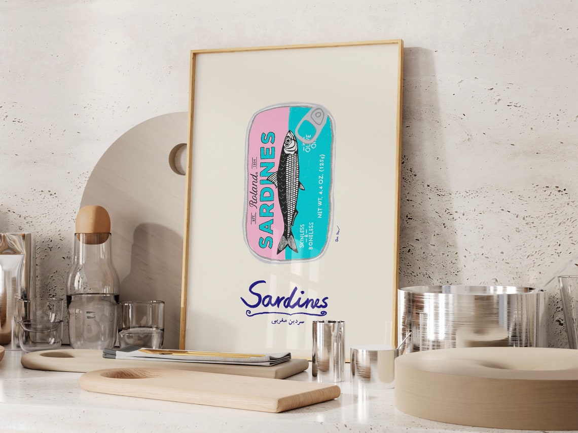 Sardines Teal And Pink Vintage Tin Kitchen Illustration Poster - Image 4