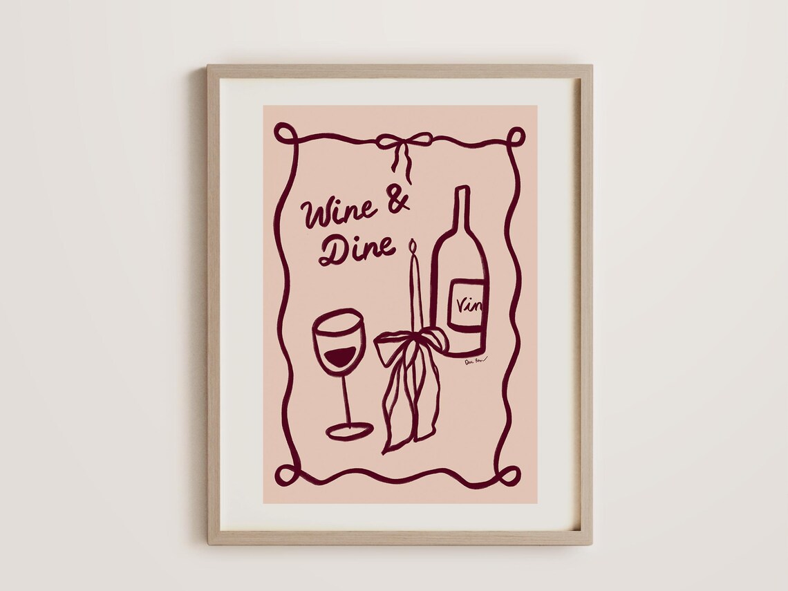 Wine And Dine Burgundy Line Art Glass Bottle Dinner Party Poster - Image 4
