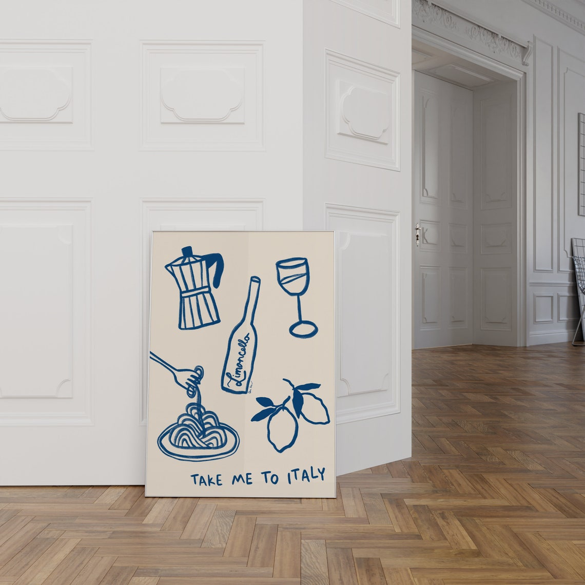 Take Me To Italy Blue Line Pasta Wine Italian Kitchen Art Poster - Image 2