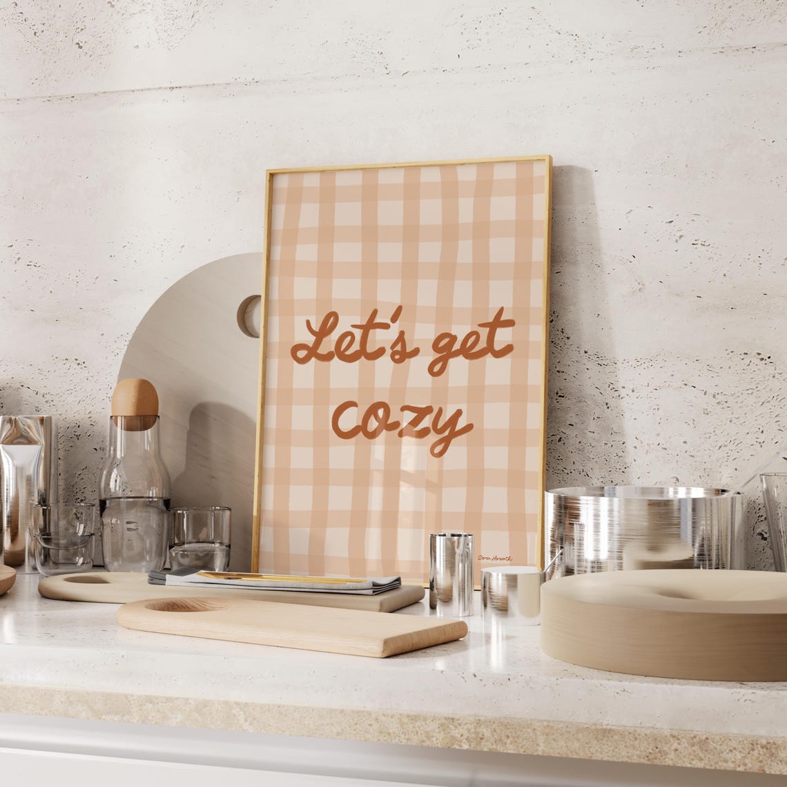 Lets Get Cozy Autumn Gingham Brown Script Fall Quote Art Poster - Image 4