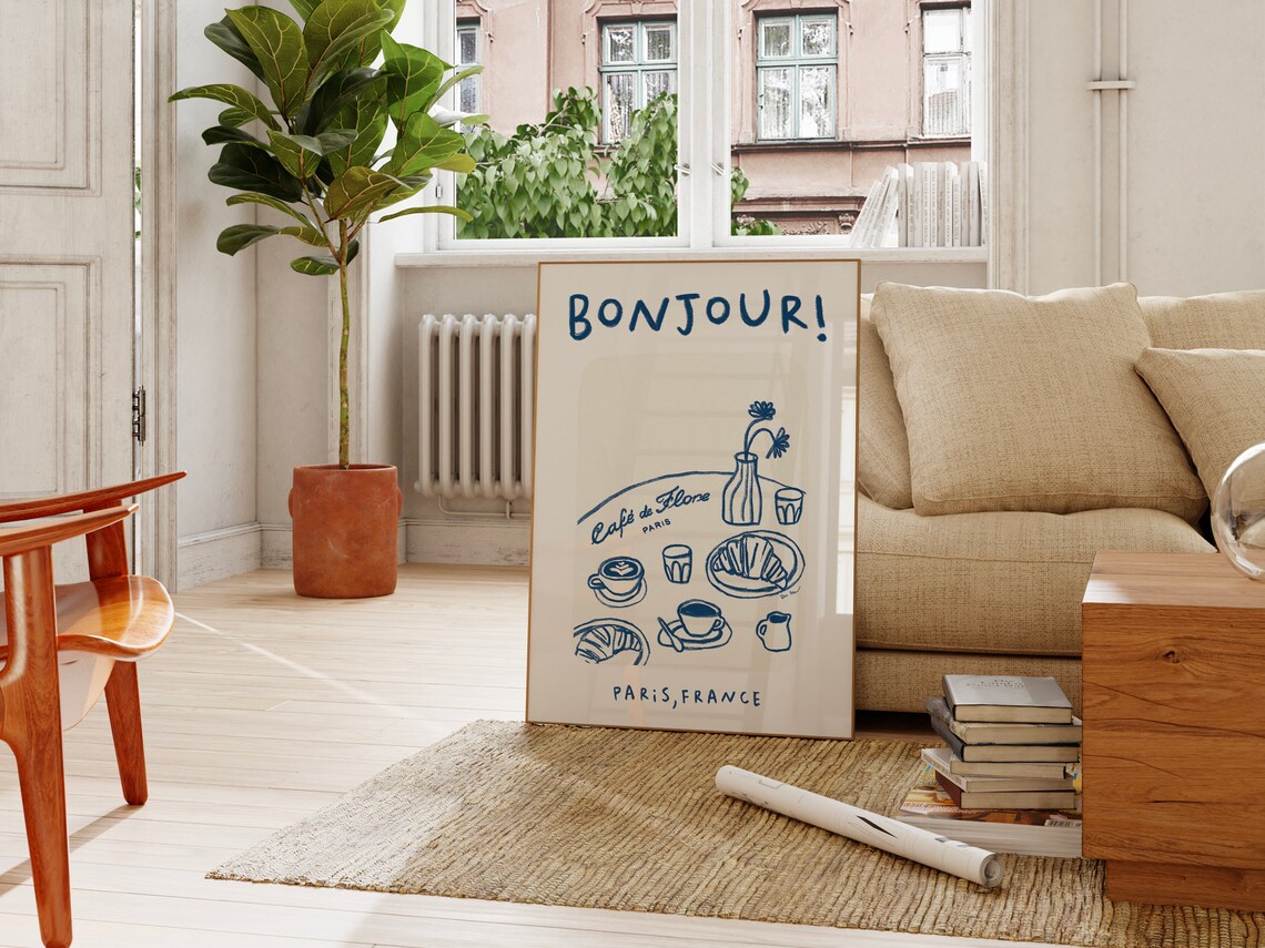 Bonjour Paris Cafe De Flore Croissant Coffee French Travel Poster - Image 2