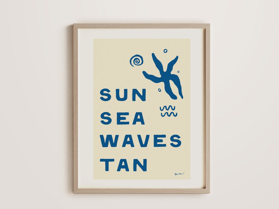 Sun Sea Waves Tan Blue Starfish Beach Typography Coastal Poster - Image 3