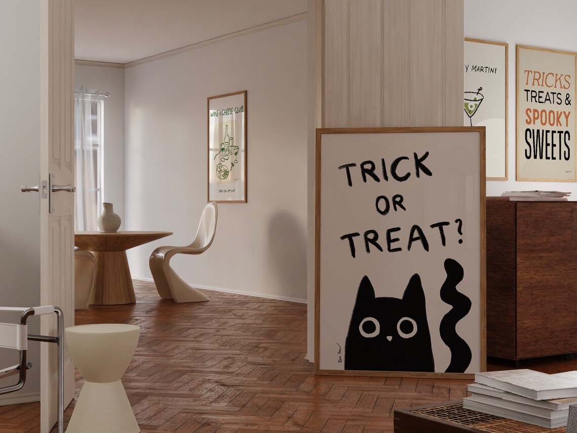 Trick Or Treat Black Cat Cute Halloween Typography Art Poster - Image 3