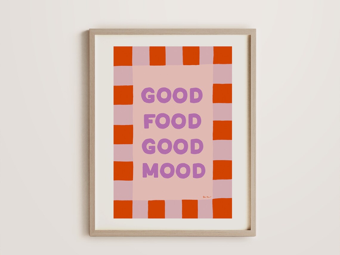 Good Food Good Mood Purple Orange Checkered Kitchen Quote Poster - Image 2