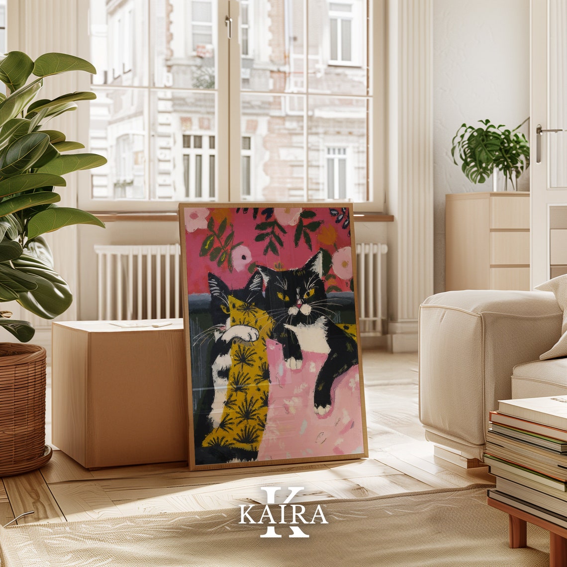 Two Tuxedo Cats In Playful Pillow Fight Fun Whimsical Cat Art Poster - Image 5