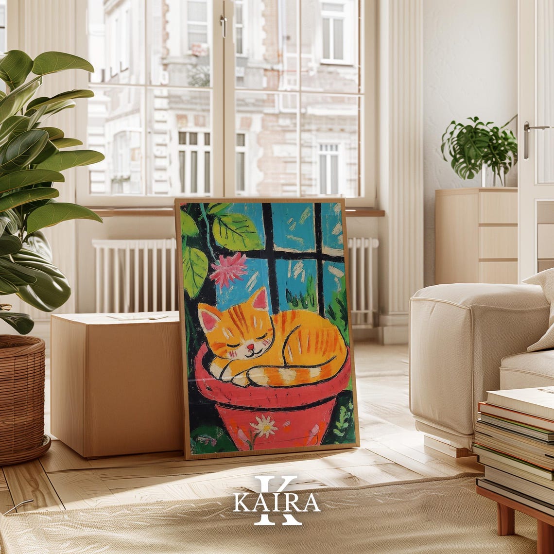 Orange Tabby Cat Napping Peacefully in a Red Flowerpot Poster