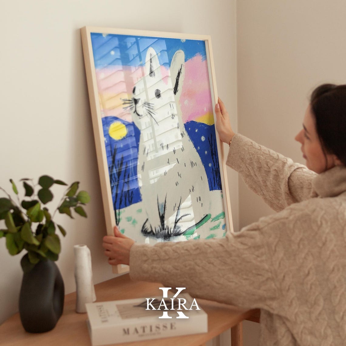 White Snow Rabbit Gazing Up At The Moon In A Winter Night Sky Poster - Image 2