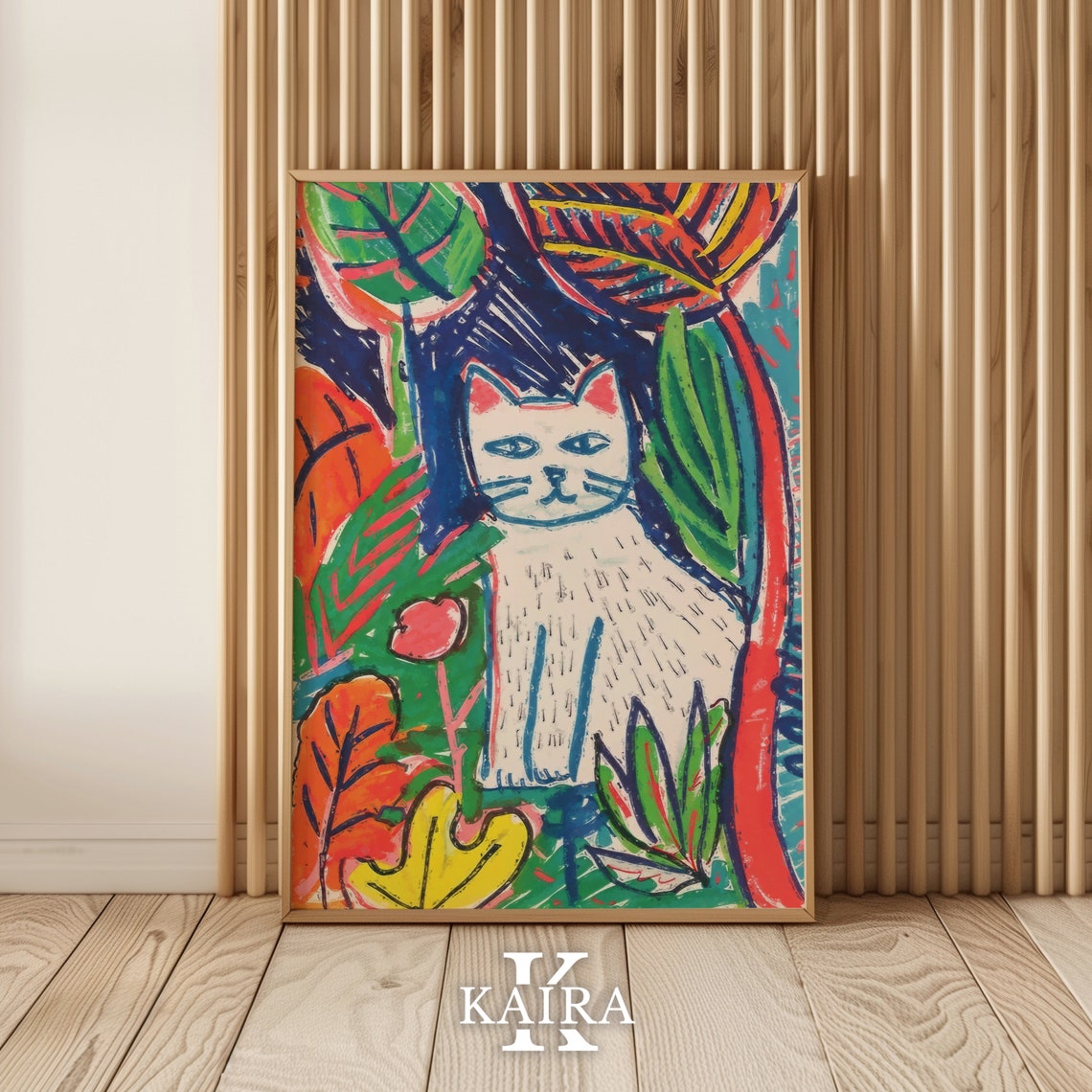 White Cat Sitting In Colorful Autumn Garden Botanical Poster - Image 2