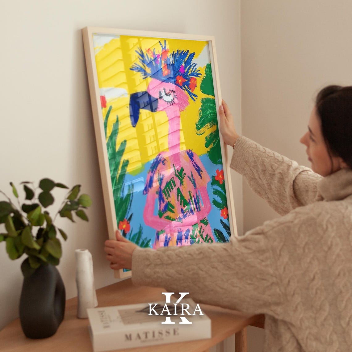 Pink Flamingo Wearing a Tropical Flower Crown on Yellow Poster