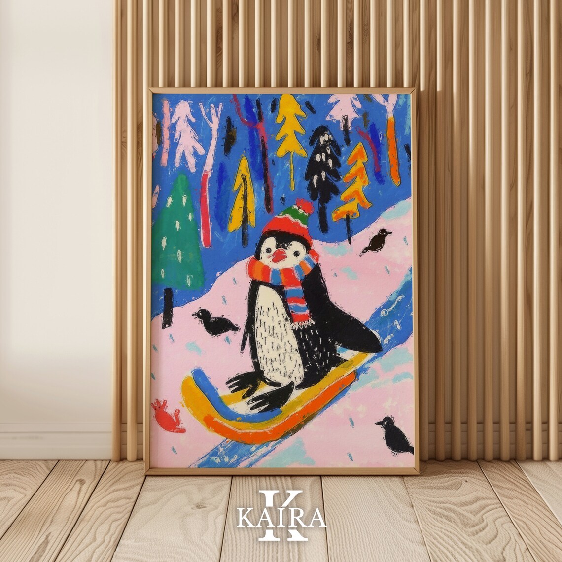 Bundled Up Penguin Sledding Down a Snowy Rainbow Forest Hill Poster - Image 2