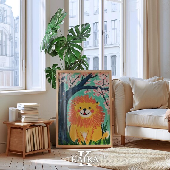 Smiling Lion Poster with Cherry Blossom Tree Colorful Kids Room Art