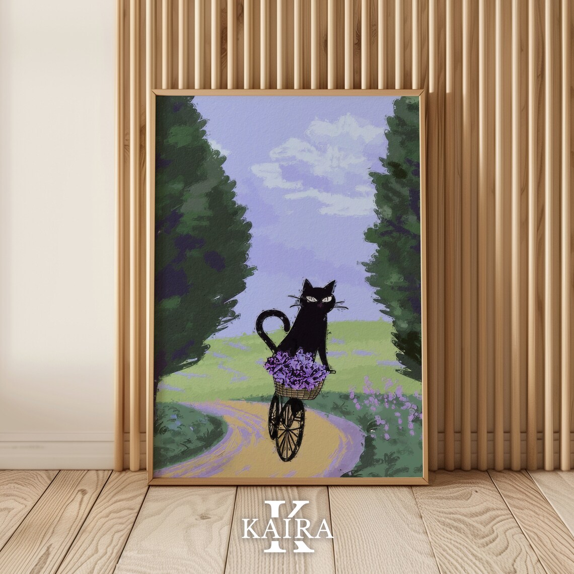 Black Cat Riding Bicycle With Lavender Basket On Country Path Art Poster - Image 2
