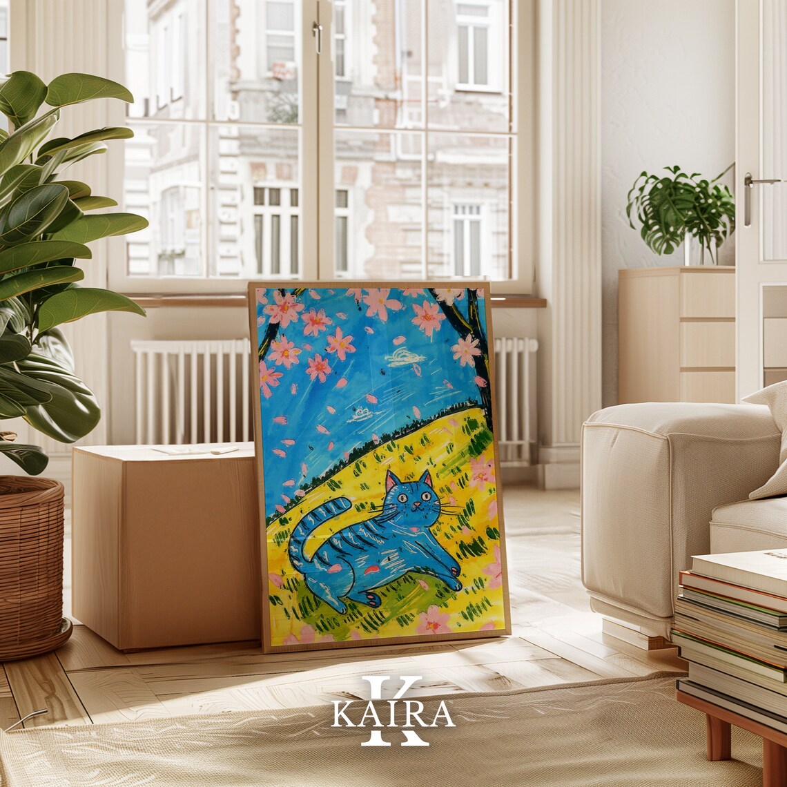Bold Blue Cat Stretching Beneath Cherry Blossoms on a Sunny Hill Poster - Image 4