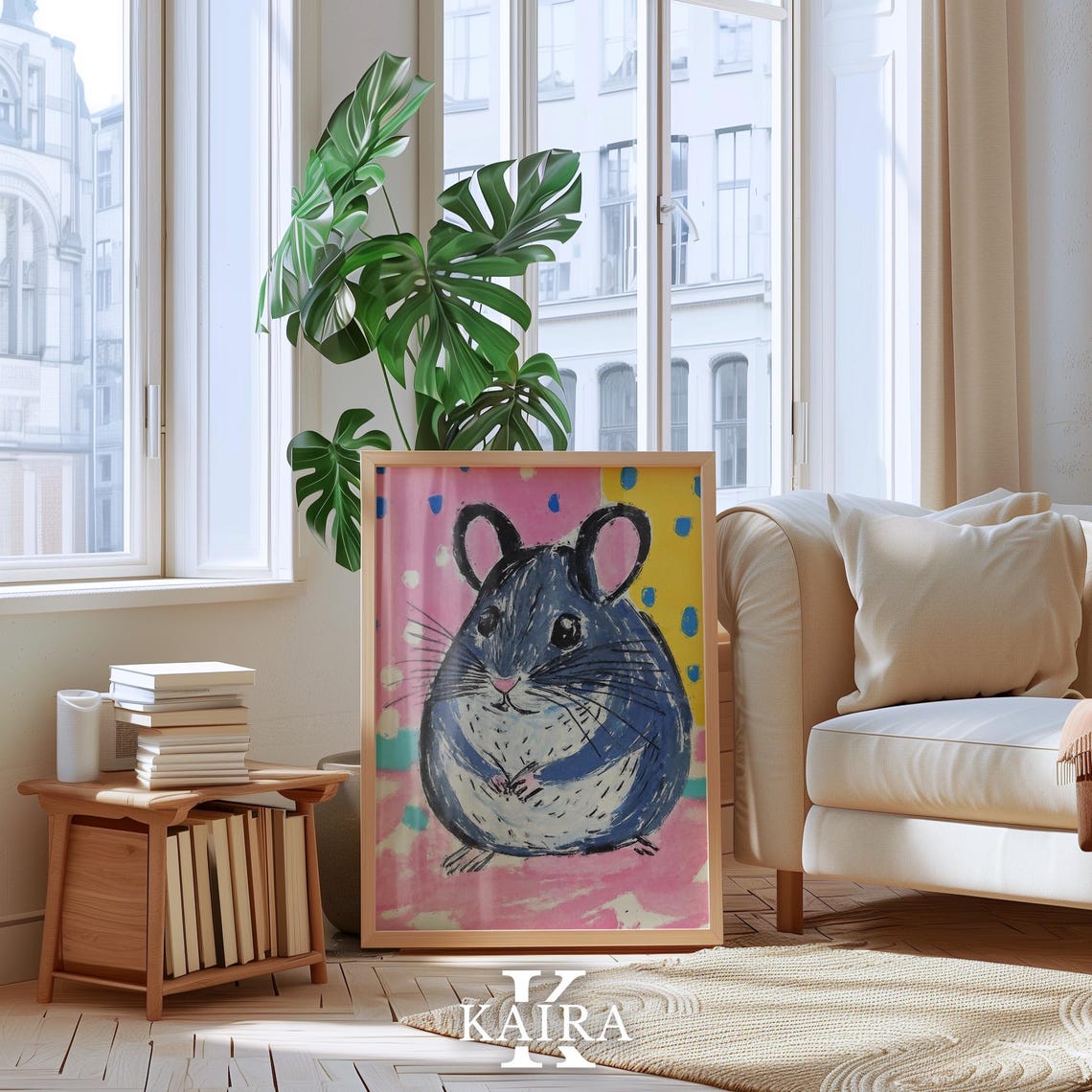 Chubby Blue Grey Mouse Portrait on a Colorful Polka Dot Poster - Image 4