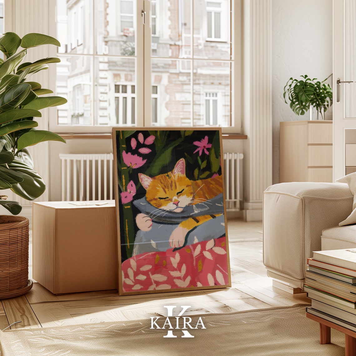 Ginger Cat Napping On Blue Cushion Among Pink Flowers Art Poster - Image 3