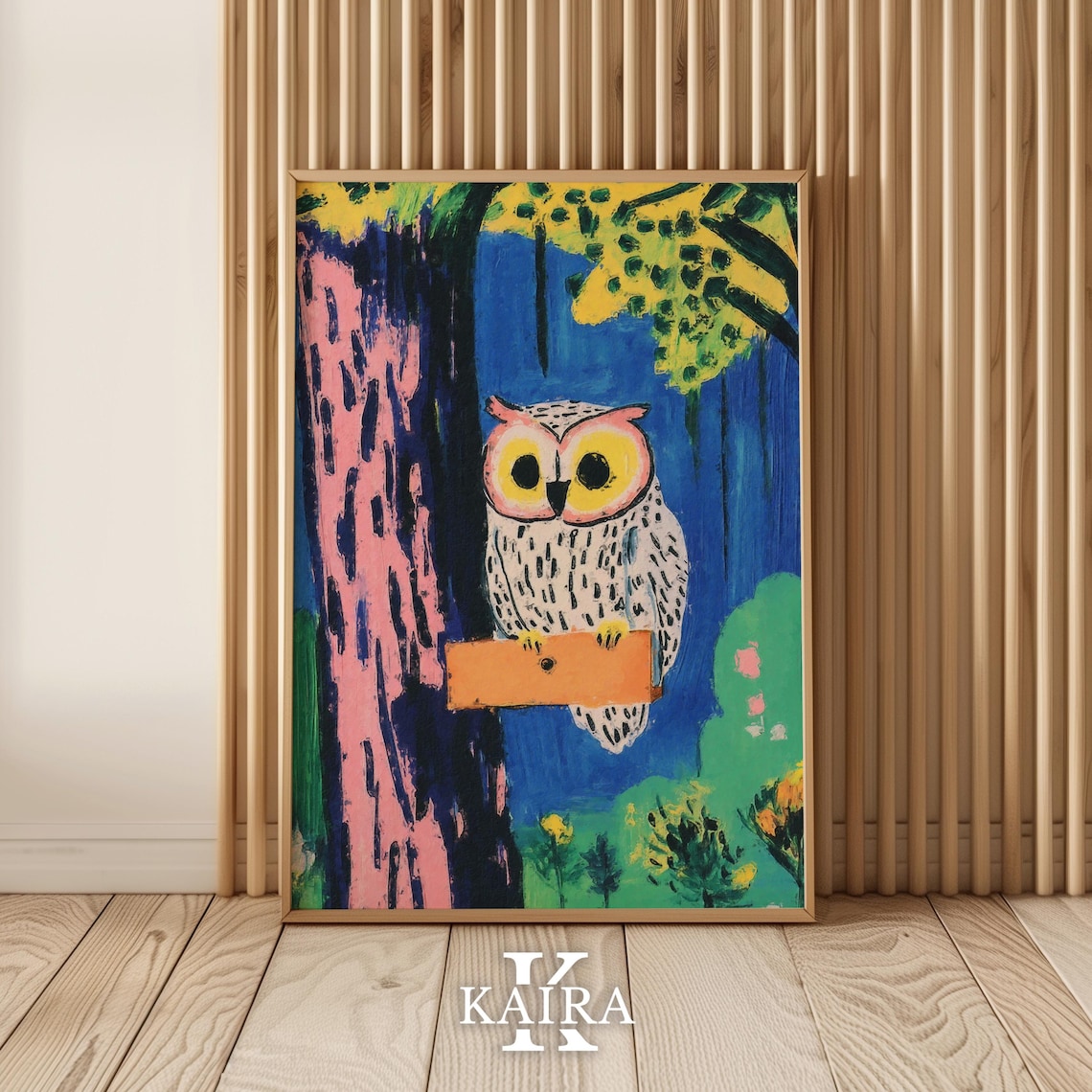 White Owl Perched On A Wooden Sign In A Colorful Forest Poster
