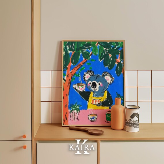 Friendly Koala in a Yellow Apron Serving Tea Under a Tree Poster