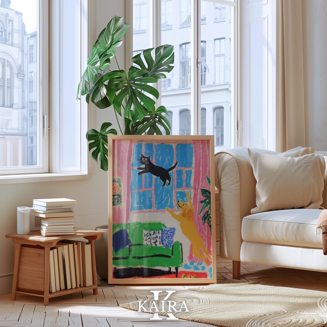 Black Cat and Golden Dog Playing Together in a Living Room Poster - Image 4