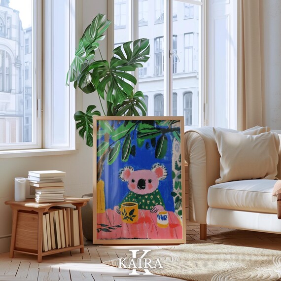 Pink Koala Enjoying Tea Time At A Table Under Eucalyptus Poster