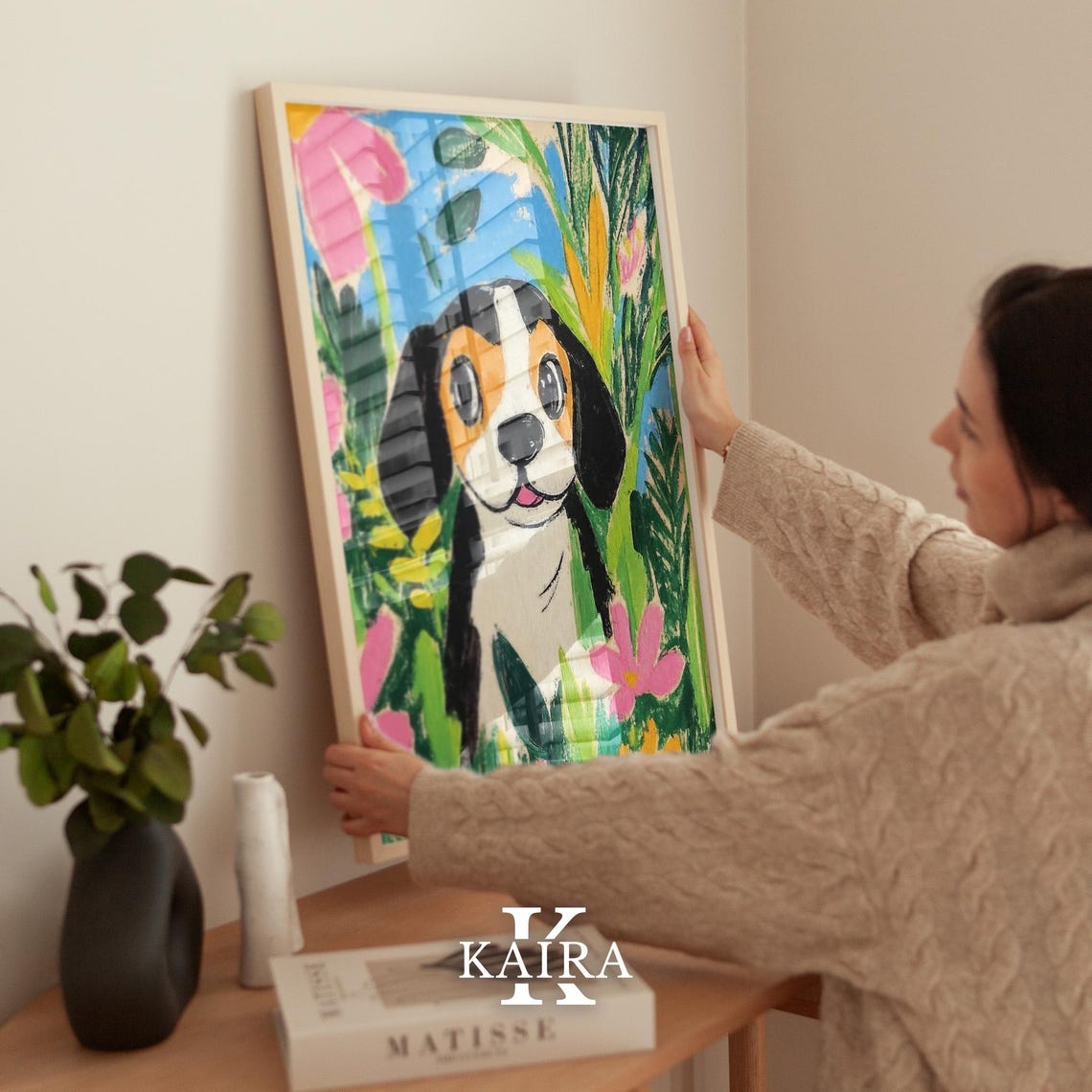 Beagle Puppy Portrait Peeking Through Green Tropical Leaves Poster - Image 2