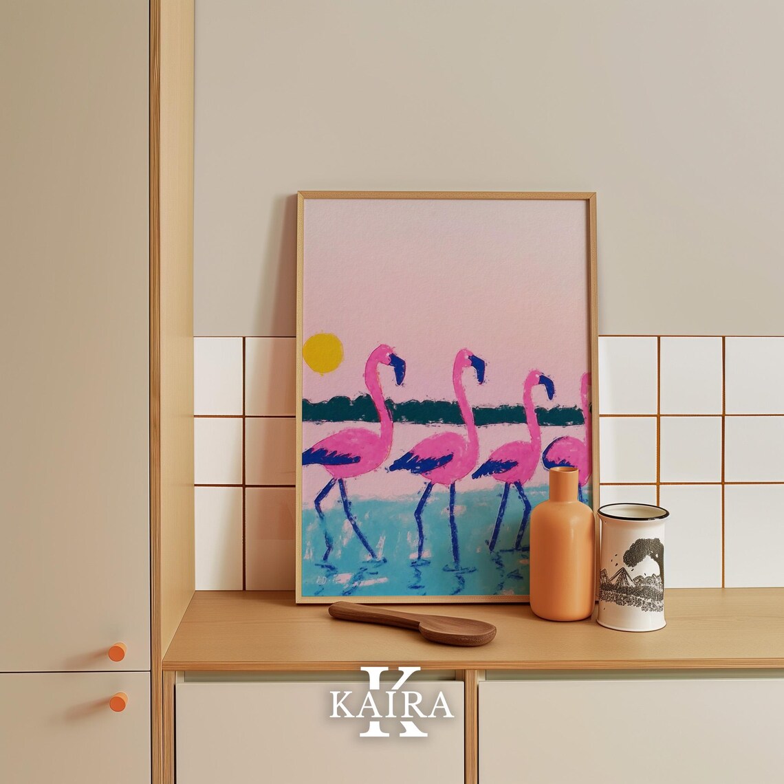 Pink Flamingos Wading in Turquoise Water Under a Sunset Sky Poster - Image 5