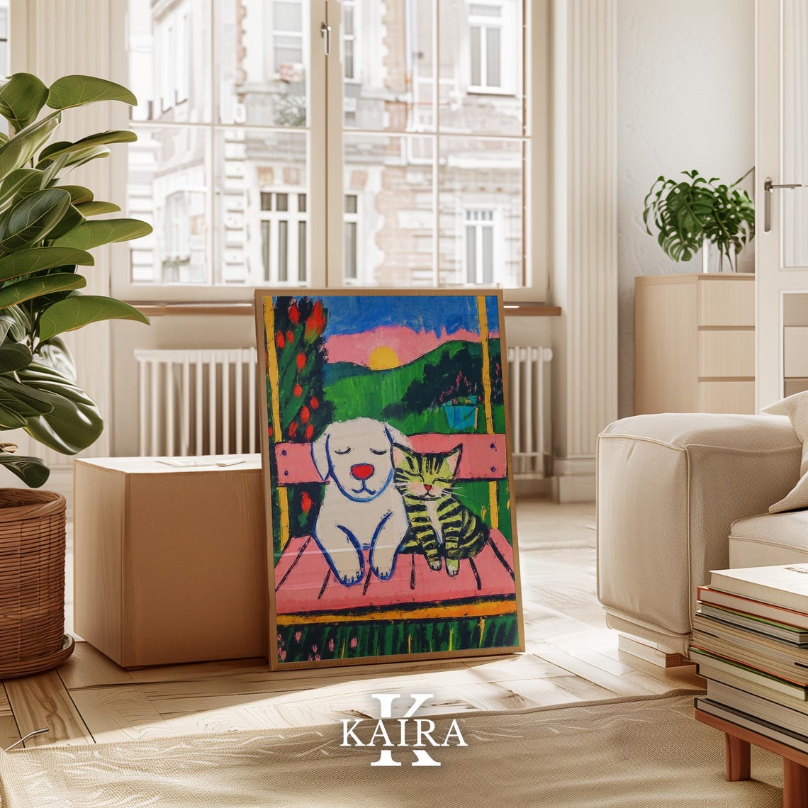 White Dog and Tabby Cat Relaxing on a Pink Bench at Sunset Poster - Image 3