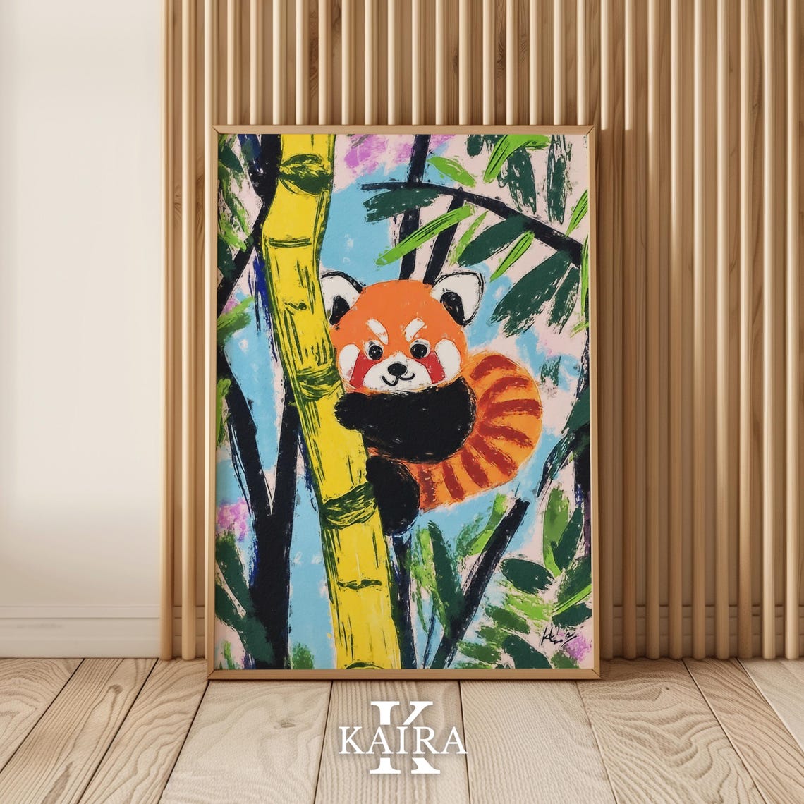 Adorable Red Panda Climbing a Tall Yellow Bamboo Stalk Poster - Image 5