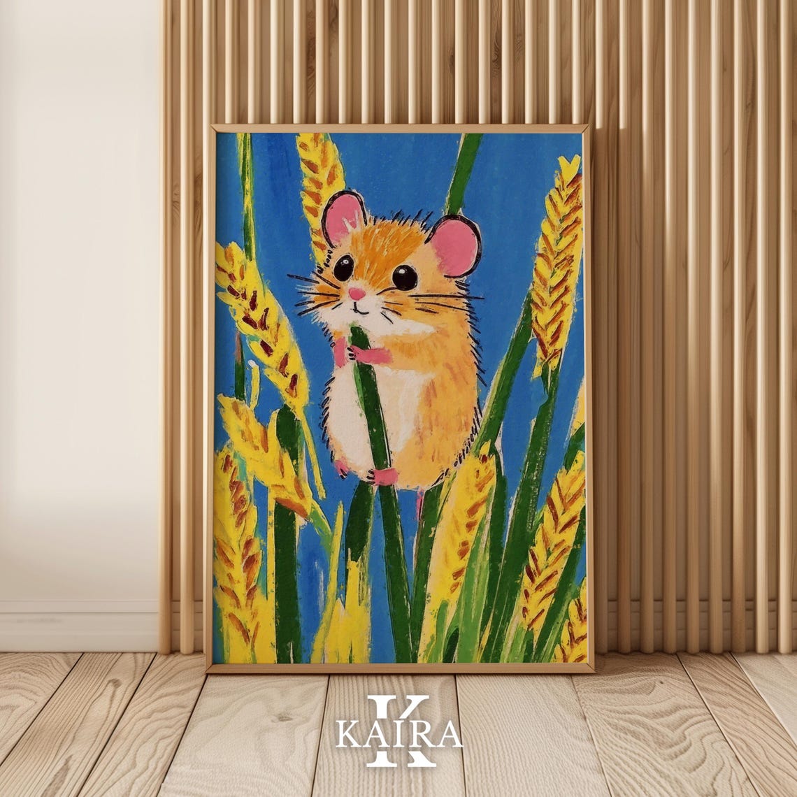Golden Hamster Climbing a Wheat Stem in a Sunny Blue Field Poster - Image 5