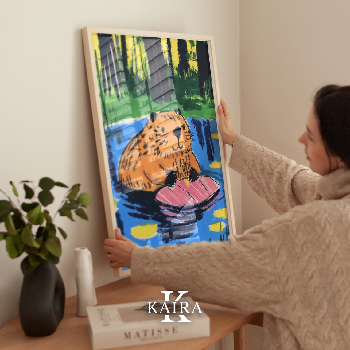 Orange Beaver Floating On A Pink Lily Pad In Blue Water Poster - Image 2