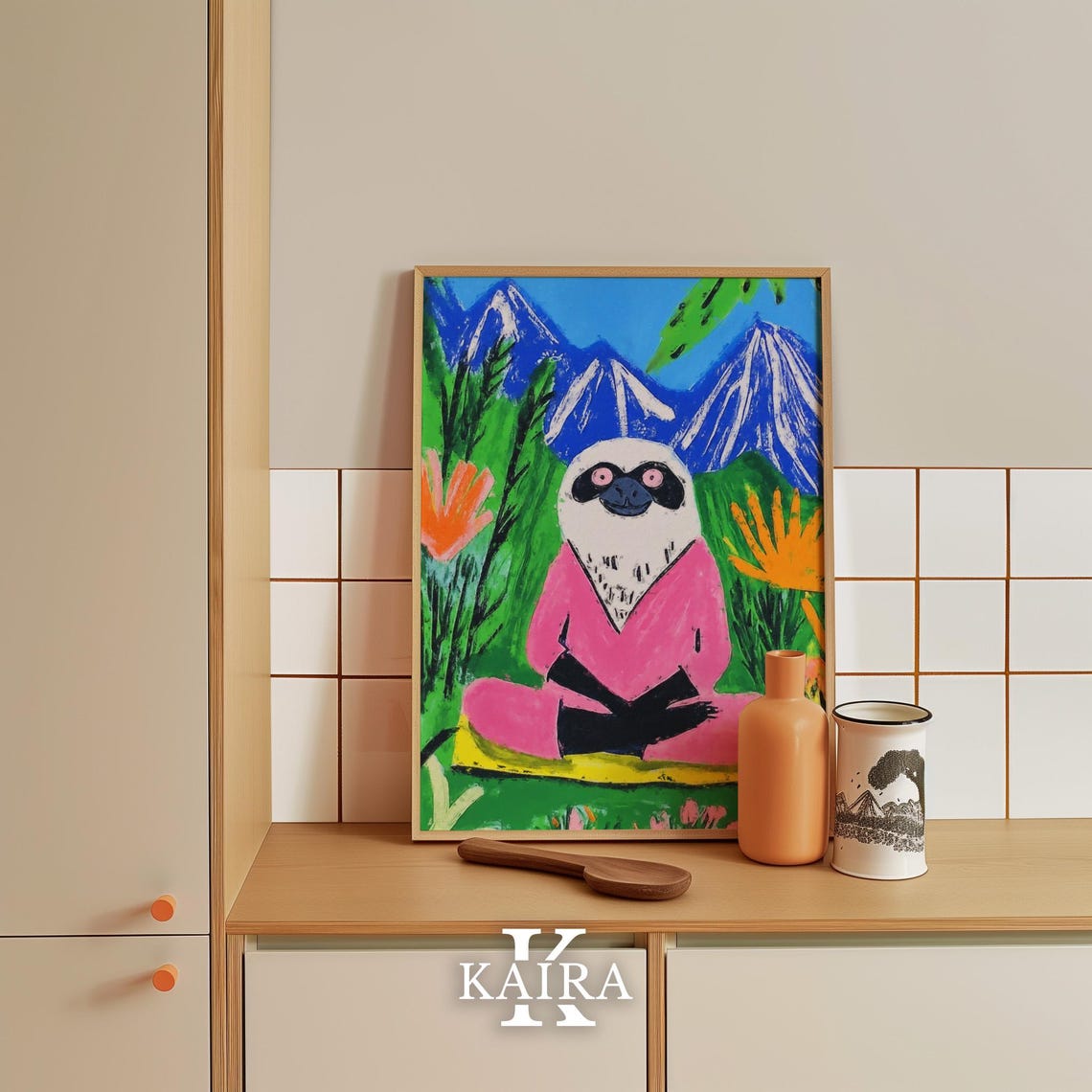 Dreamy Sloth in a Pink Robe Sitting in a Mountain Garden Poster - Image 4